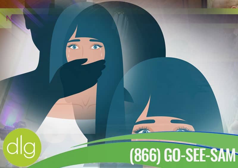 Illustration of a frightened woman with a hand covering her mouth, accompanied by the text "(866) GO-SEE-SAM" and the dlg logo.