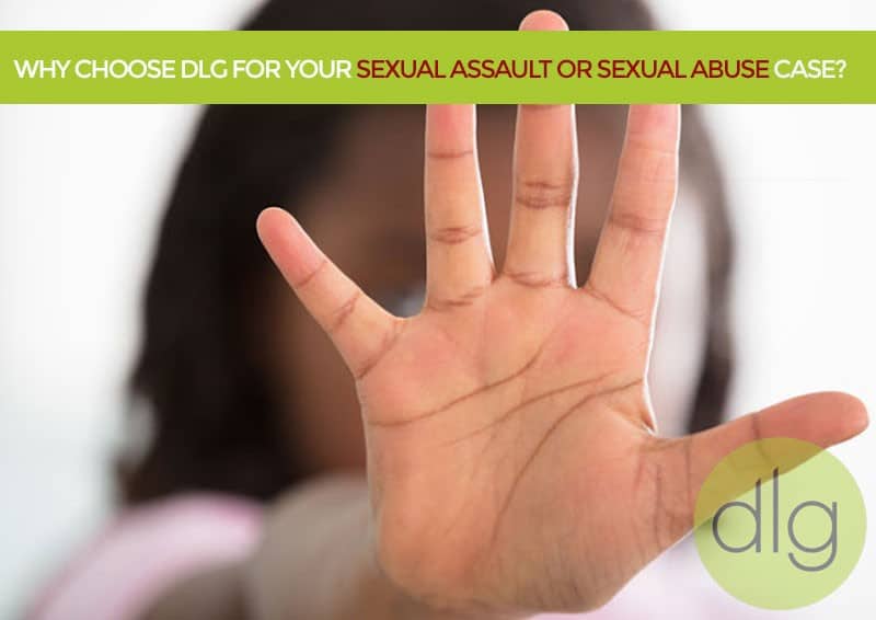 A person holds up an open hand toward the camera; text at the top advertises legal services for sexual assault or sexual abuse cases, with a "dlg" logo in the corner.
