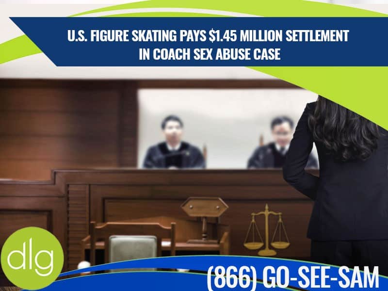 A person stands before two judges in a courtroom. Text overlay states a $1.45 million settlement in a U.S. Figure Skating coach sex abuse case.