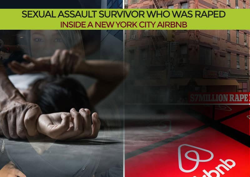 A split image showing a distressed person’s hand held down, a New York City building, and the Airbnb logo, with text about a sexual assault survivor in a New York City Airbnb.
