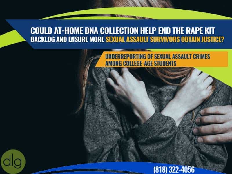 A woman with crossed arms appears distressed; overlaid text discusses at-home DNA kits to address rape kit backlogs and support sexual assault survivors’ justice, focusing on college-age students.