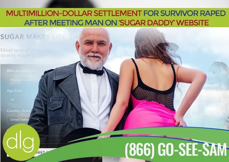 A man in a suit stands next to a woman in a pink dress with her back turned; a legal advertisement headline about a settlement is displayed above them.