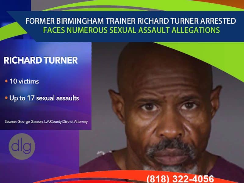 Mugshot of a man identified in text as Richard Turner, with overlay stating he faces sexual assault allegations involving 10 victims and up to 17 charges.